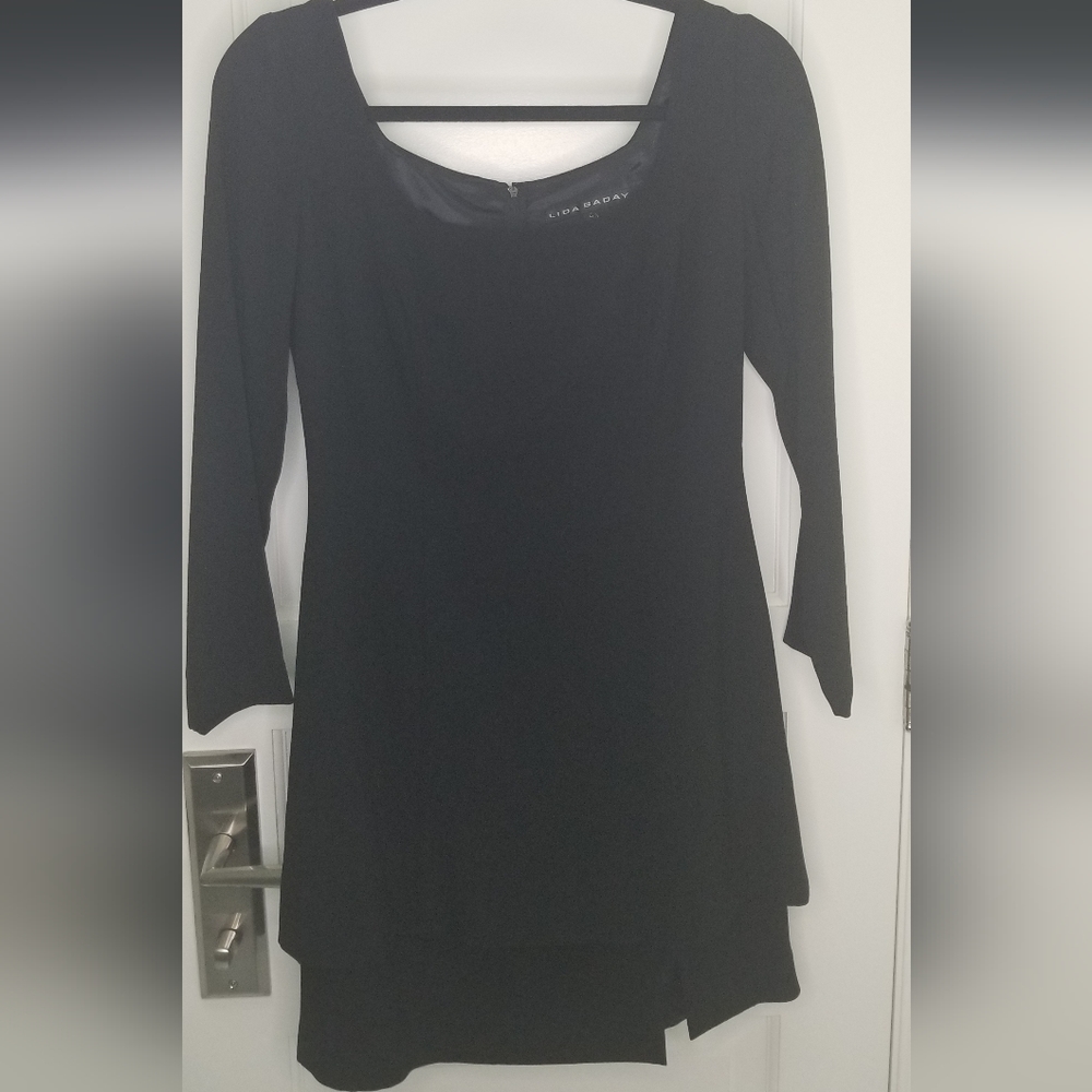 Lida Baday Black Double Tiered Long Sleeve Sheath Dress With Front Slit Size 6